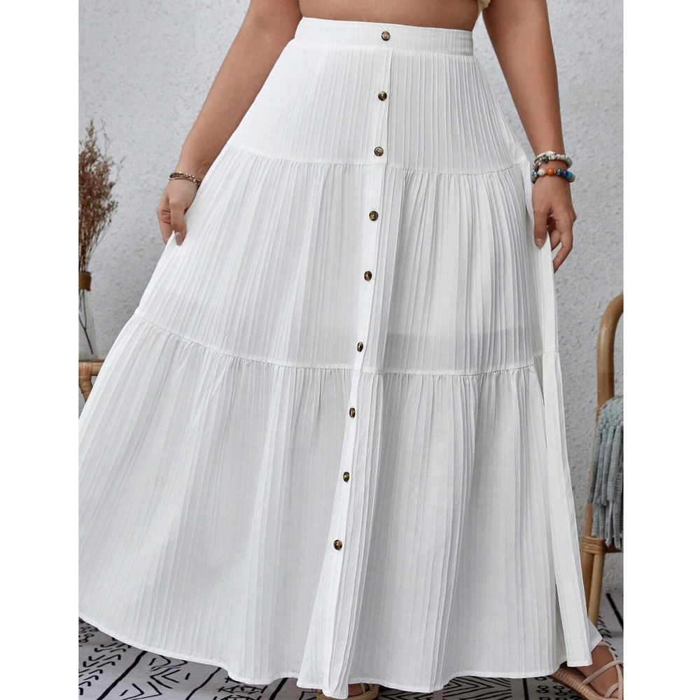 Plus Solid Button Detail Stretchy Waist Maxi Skirt - Picture 5 of 8